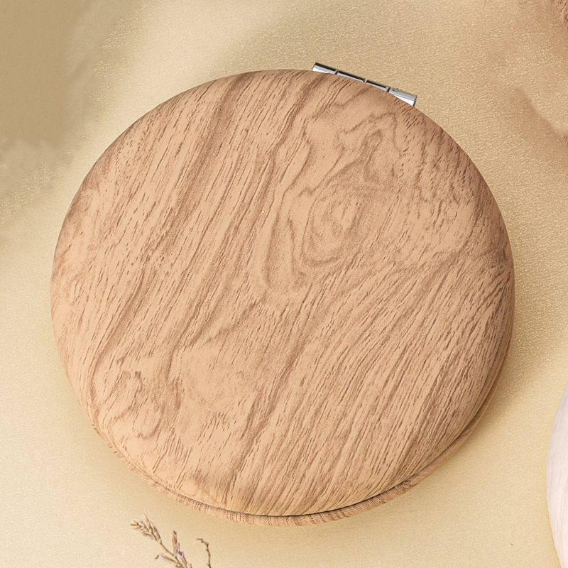 2 Pcs Khaki Portable Wooden-Style Makeup Mirror - Dual-Sided High-Definition Compact Mirror - Image 1