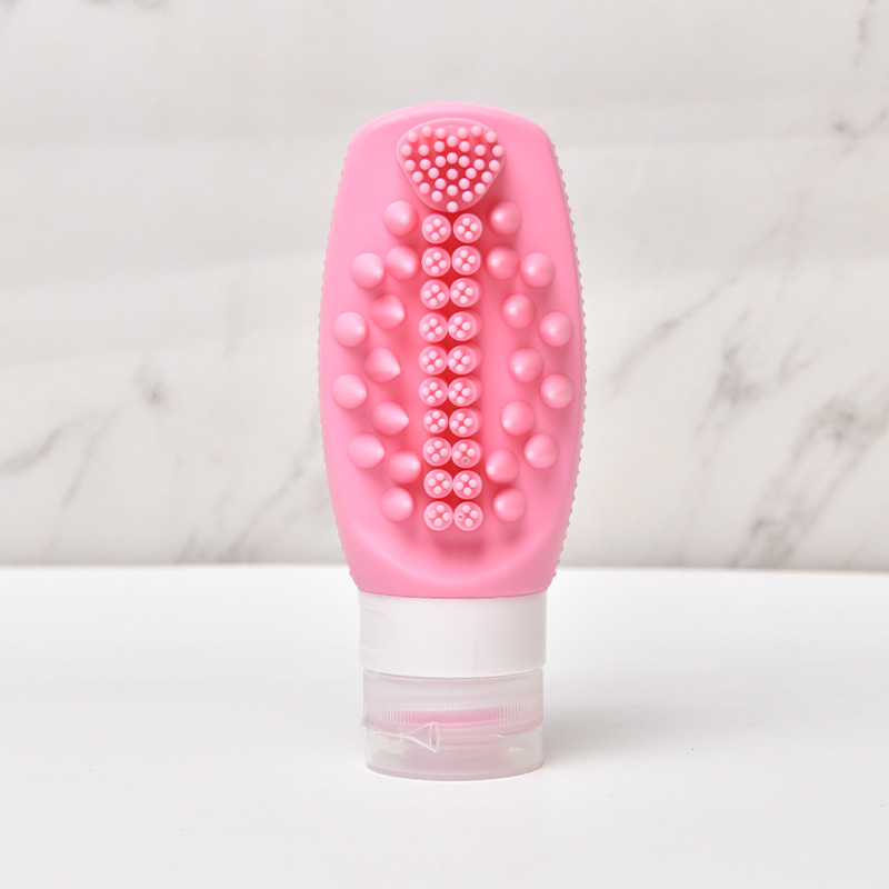 Pink Travel Silicone Refillable Bottle Set – Multi-Functional Soft-Squeeze Dispenser with Built-in Brush (3-Pack) - Image 1