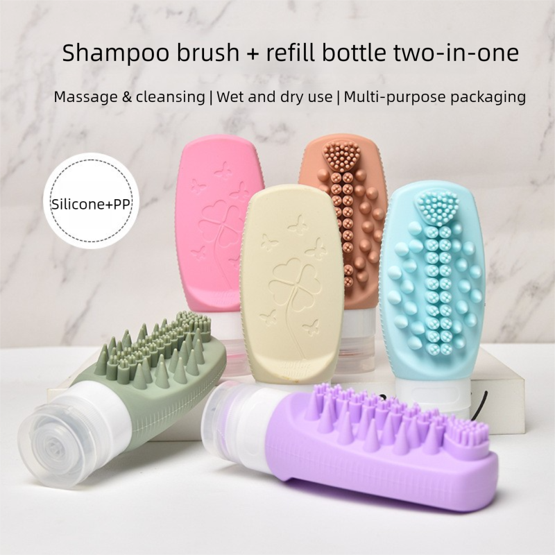 Pink Travel Silicone Refillable Bottle Set – Multi-Functional Soft-Squeeze Dispenser with Built-in Brush (3-Pack) - Image 2