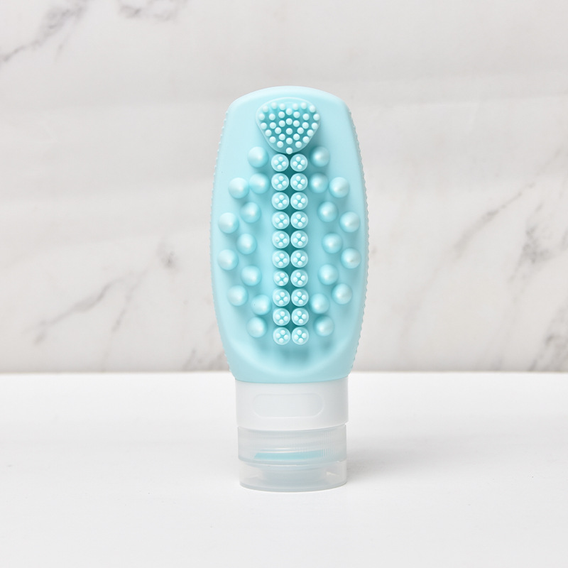 Blue Travel Silicone Refillable Bottle Set – Multi-Functional Soft-Squeeze Dispenser with Built-in Brush (3-Pack) - Image 1