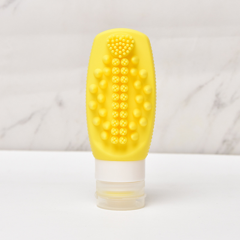 Yellow Travel Silicone Refillable Bottle Set – Multi-Functional Soft-Squeeze Dispenser with Built-in Brush (3-Pack) - Image 1