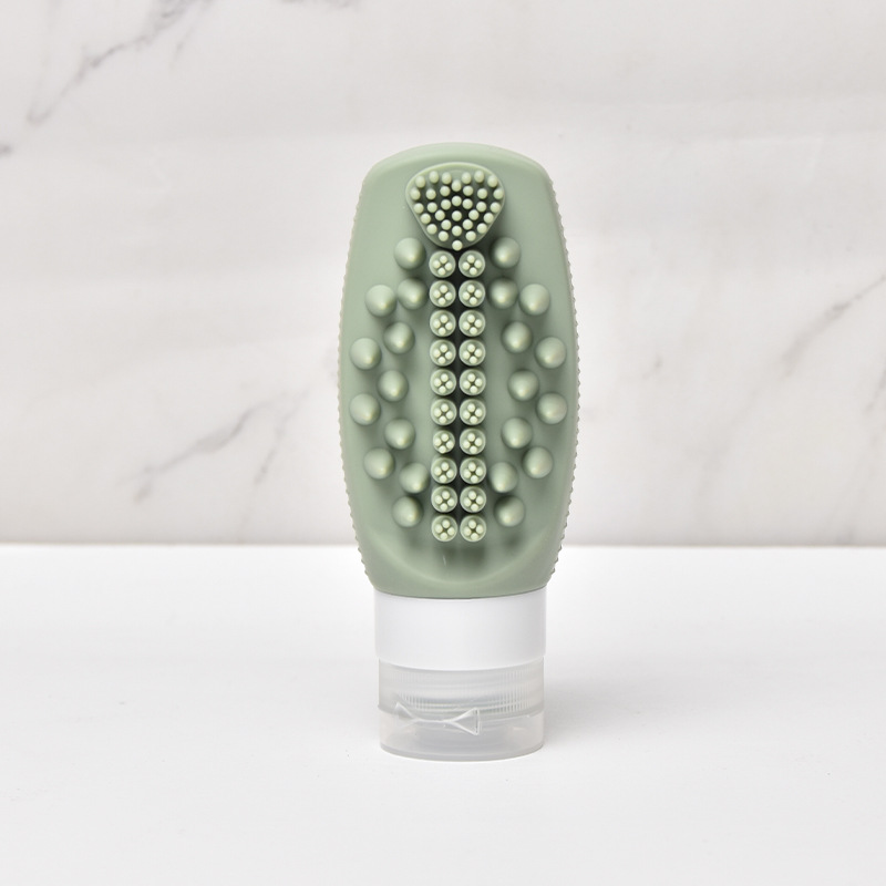 Green Travel Silicone Refillable Bottle Set – Multi-Functional Soft-Squeeze Dispenser with Built-in Brush (3-Pack) - Image 1