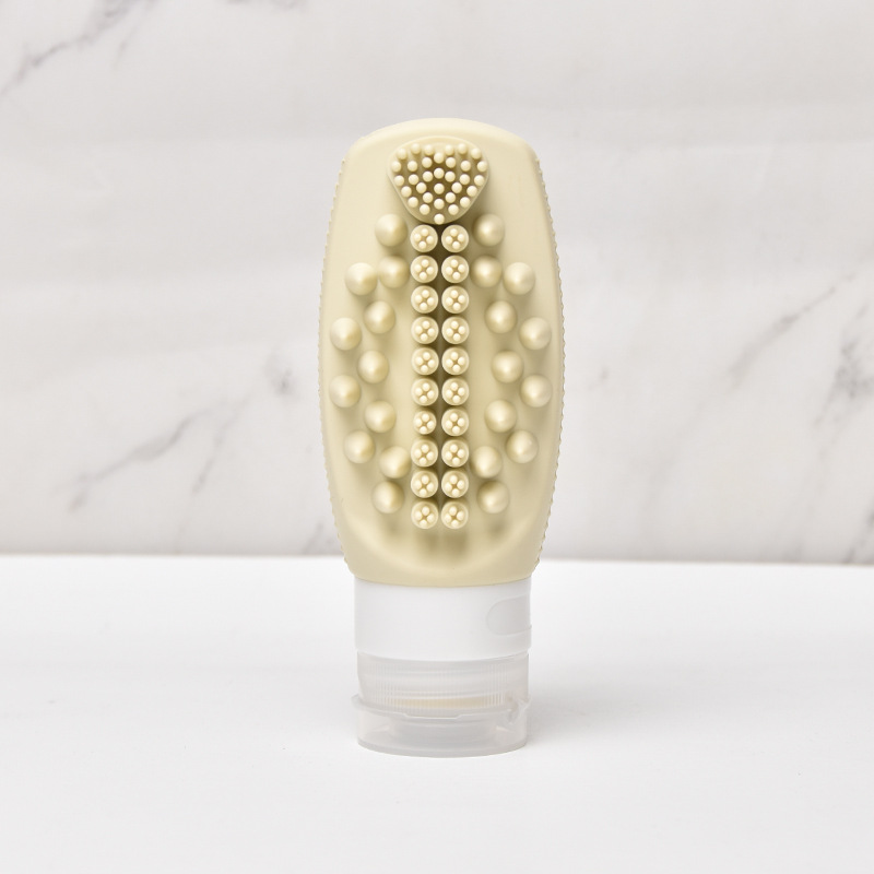 Beige Travel Silicone Refillable Bottle Set – Multi-Functional Soft-Squeeze Dispenser with Built-in Brush (3-Pack) - Image 1