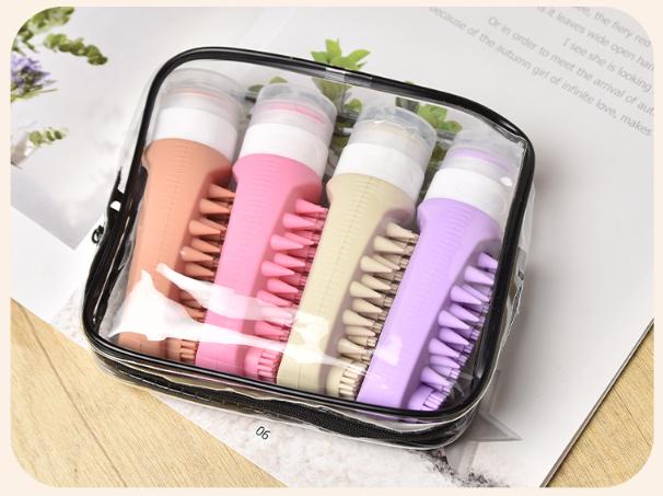Combination A Travel silicone refillable water bottle set – multi-functional soft-press dispenser with brush and storage bag (4-pack) - Image 1
