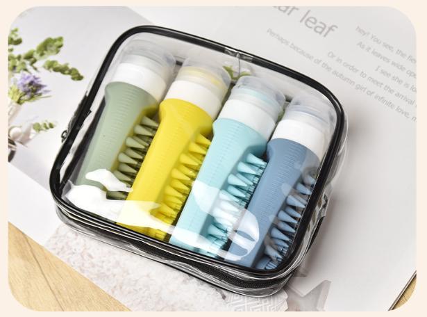 Combination B Travel silicone refillable water bottle set – multi-functional soft-press dispenser with brush and storage bag (4-pack) - Image 1