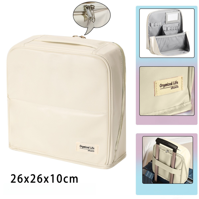Beige Magnetic Compartmentalized Standing Cosmetic Bag – Large Capacity with Mirror, Travel Makeup Organizer (26×10×26 cm) - Image 1