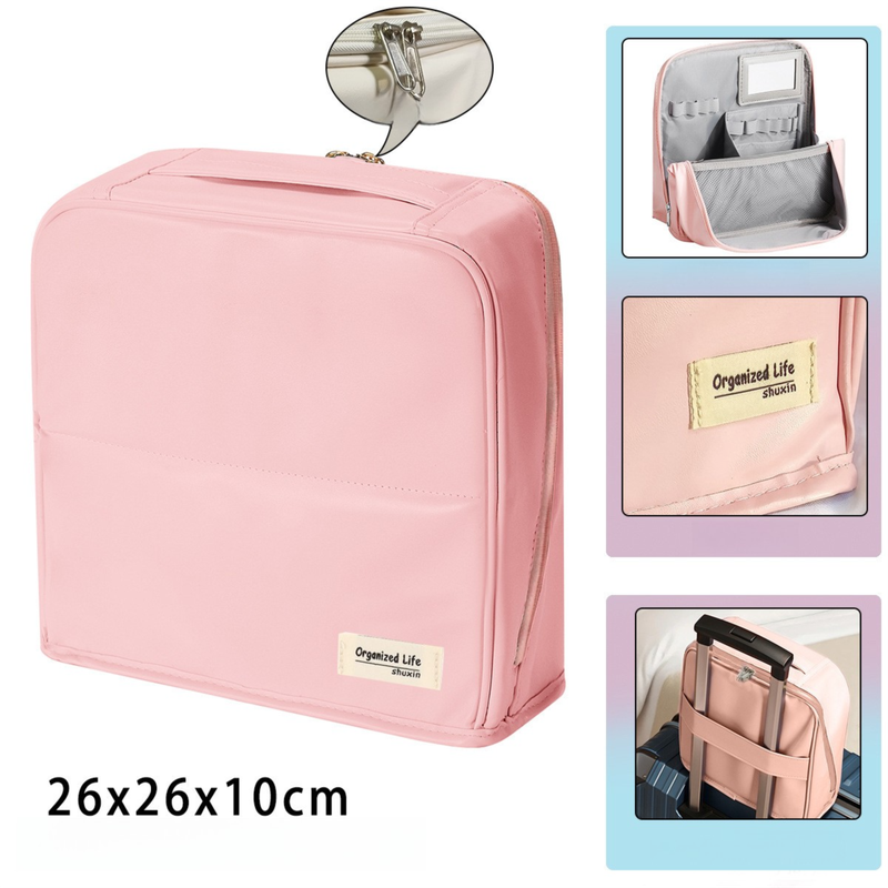 Pink Magnetic Compartmentalized Standing Cosmetic Bag – Large Capacity with Mirror, Travel Makeup Organizer (26×10×26 cm) - Image 1