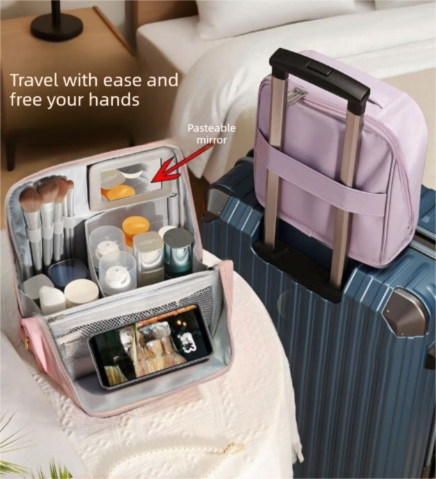 Pink Magnetic Compartmentalized Standing Cosmetic Bag – Large Capacity with Mirror, Travel Makeup Organizer (26×10×26 cm) - Image 2