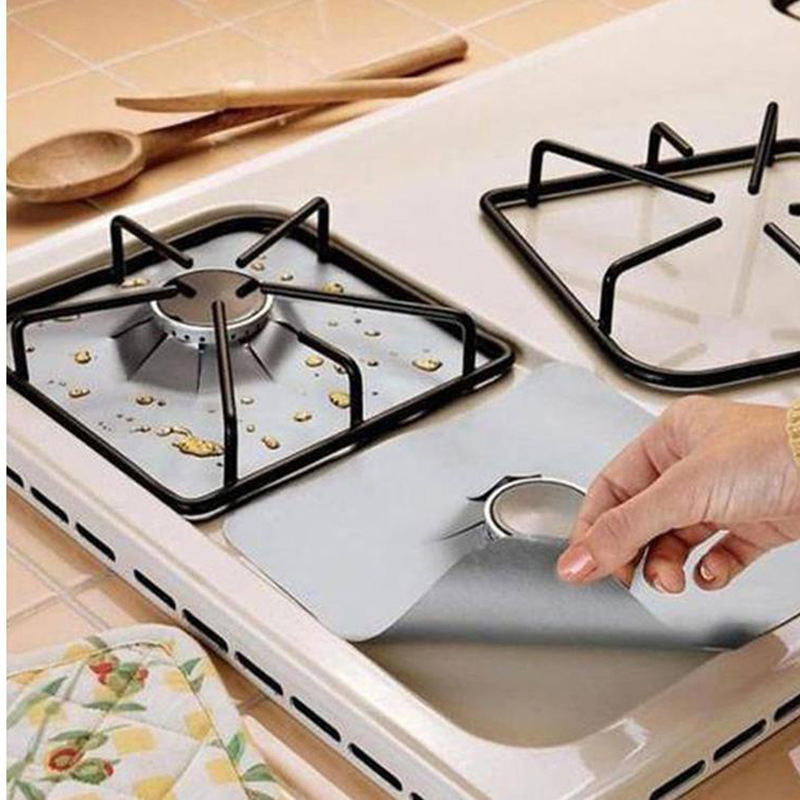 6 Pcs Silver Heat-Resistant Gas Stove Mat – Non-Stick Teflon Coated Fiberglass Protector for Cooktops (270mm × 270mm) - Image 1