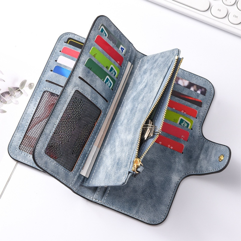 Blue Stylish Large-Capacity Women's Long Wallet – Vintage PU Leather Clutch with Zipper and Snap Closure - Image 4