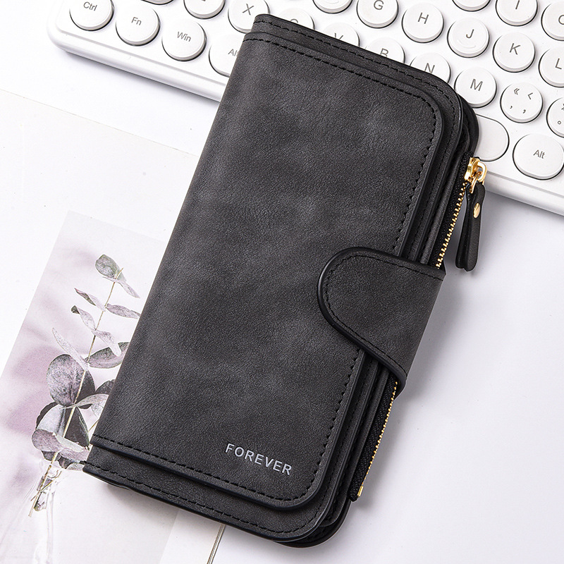 Black Stylish Large-Capacity Women's Long Wallet – Vintage PU Leather Clutch with Zipper and Snap Closure - Image 1