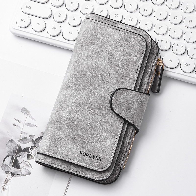 Grey Stylish Large-Capacity Women's Long Wallet – Vintage PU Leather Clutch with Zipper and Snap Closure - Image 1