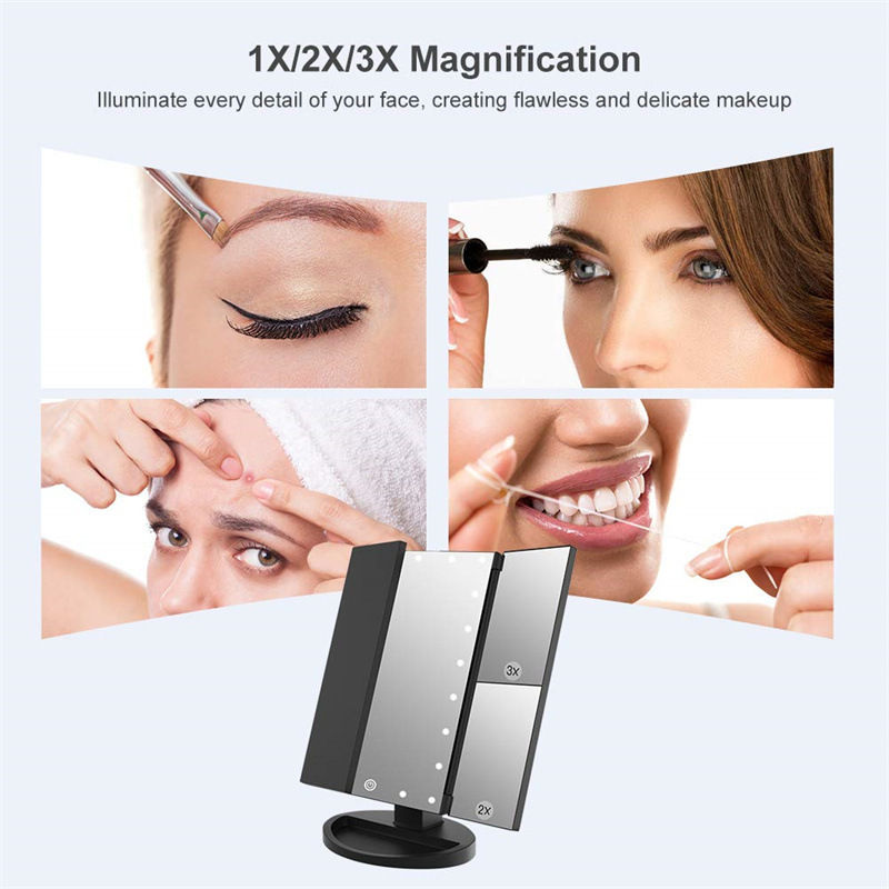 Pink 360° Rotating LED Tri-Fold Makeup Mirror – 22-Bulb Illuminated Vanity Mirror with 1X/2X/3X Magnification - Image 2