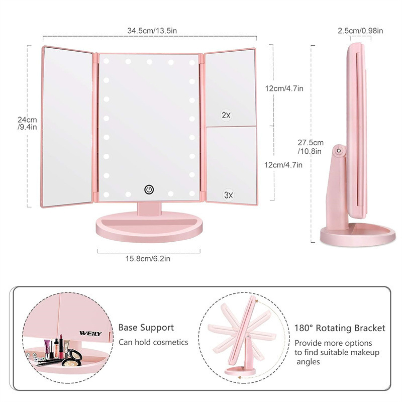Pink 360° Rotating LED Tri-Fold Makeup Mirror – 22-Bulb Illuminated Vanity Mirror with 1X/2X/3X Magnification - Image 3