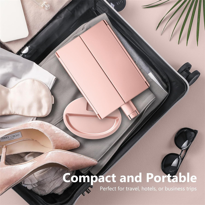 Pink 360° Rotating LED Tri-Fold Makeup Mirror – 22-Bulb Illuminated Vanity Mirror with 1X/2X/3X Magnification - Image 4