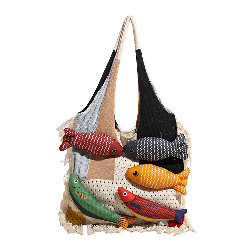 White handbag strap Knitted Patchwork Tote Bag – Spacious, Fringed, Single-Shoulder Design - Image 1