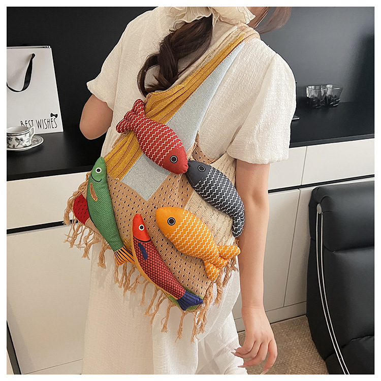 White handbag strap Knitted Patchwork Tote Bag – Spacious, Fringed, Single-Shoulder Design - Image 3