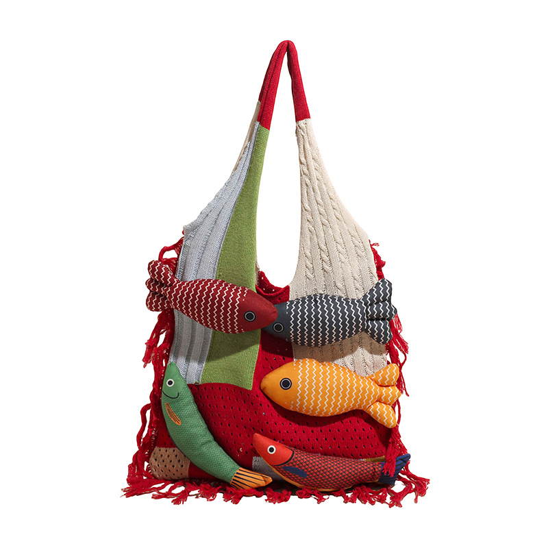Red handbag strap Knitted Patchwork Tote Bag – Spacious, Fringed, Single-Shoulder Design - Image 1