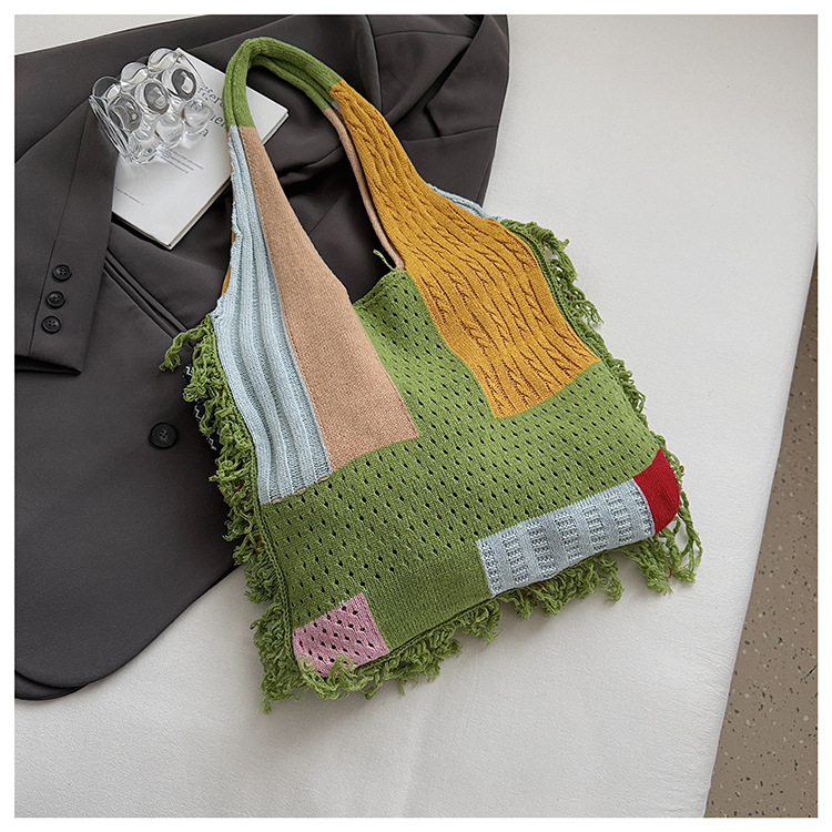 Red handbag strap Knitted Patchwork Tote Bag – Spacious, Fringed, Single-Shoulder Design - Image 5