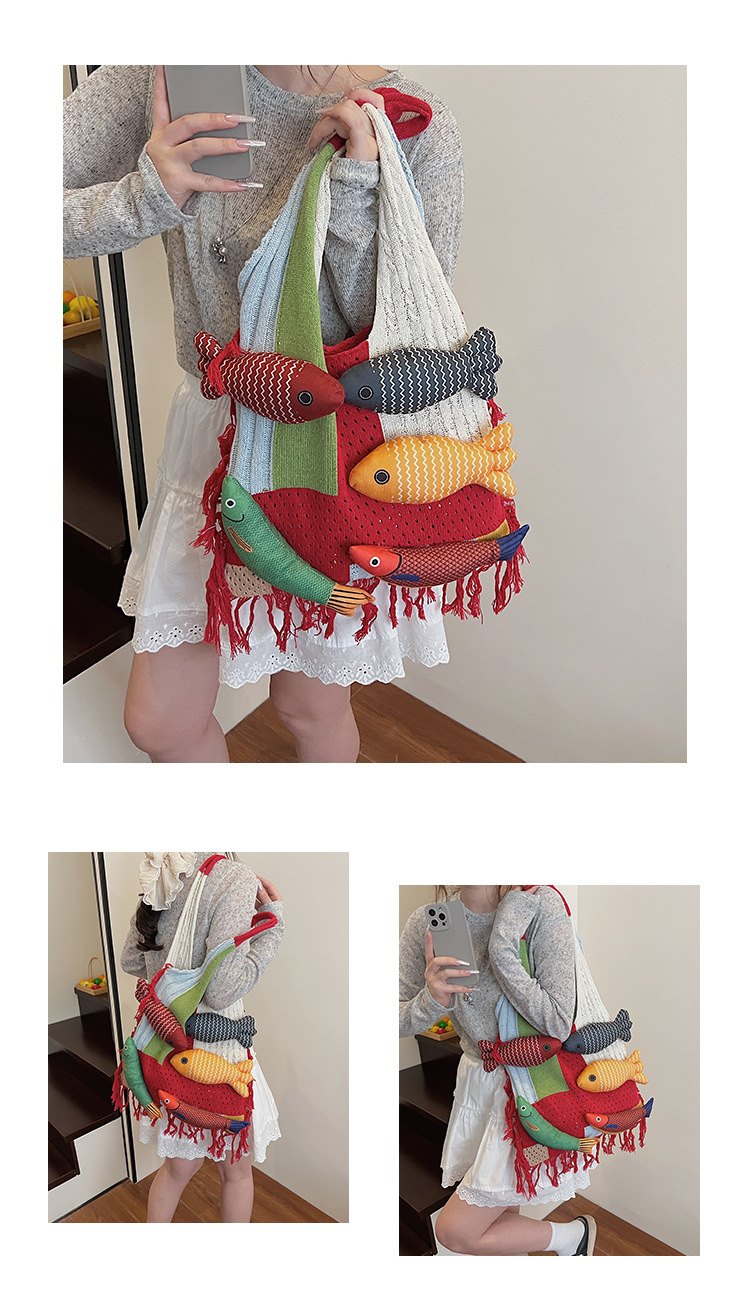 Red handbag strap Knitted Patchwork Tote Bag – Spacious, Fringed, Single-Shoulder Design - Image 6