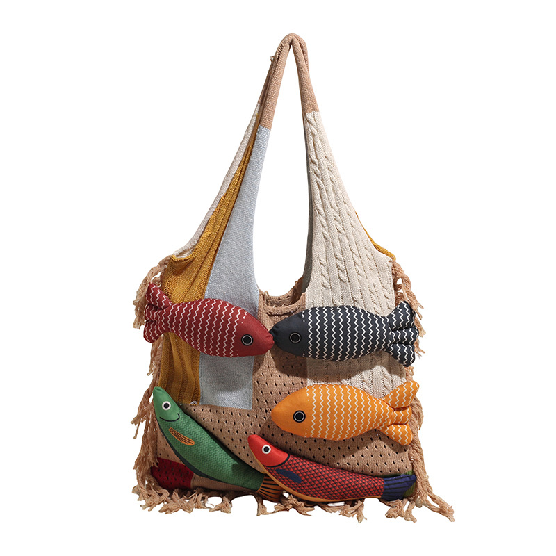 Khaki handbag strap Knitted Patchwork Tote Bag – Spacious, Fringed, Single-Shoulder Design - Image 1