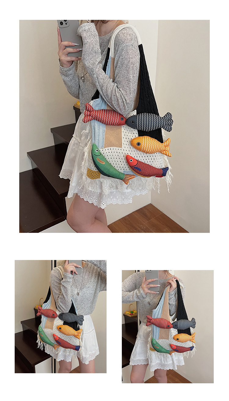 Khaki handbag strap Knitted Patchwork Tote Bag – Spacious, Fringed, Single-Shoulder Design - Image 6