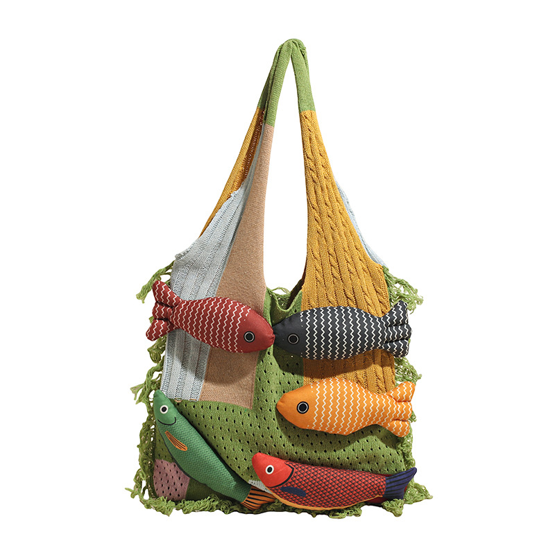 Green handbag strap Knitted Patchwork Tote Bag – Spacious, Fringed, Single-Shoulder Design - Image 1
