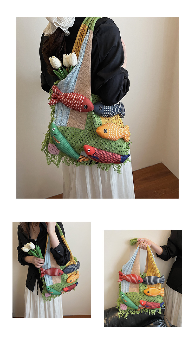 Green handbag strap Knitted Patchwork Tote Bag – Spacious, Fringed, Single-Shoulder Design - Image 6
