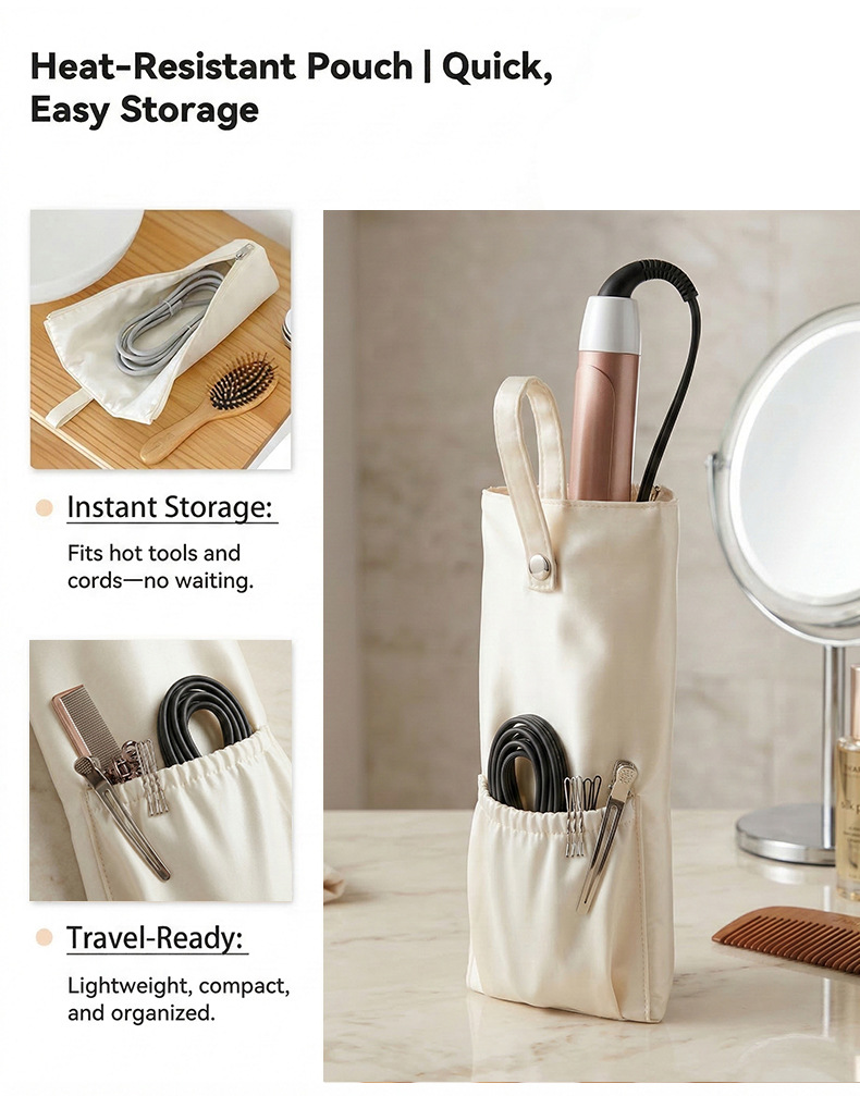 Beige Heat-Resistant Styling Tool Organizer – Compact, Hanging Storage Pouch for Hair Tools - Image 3