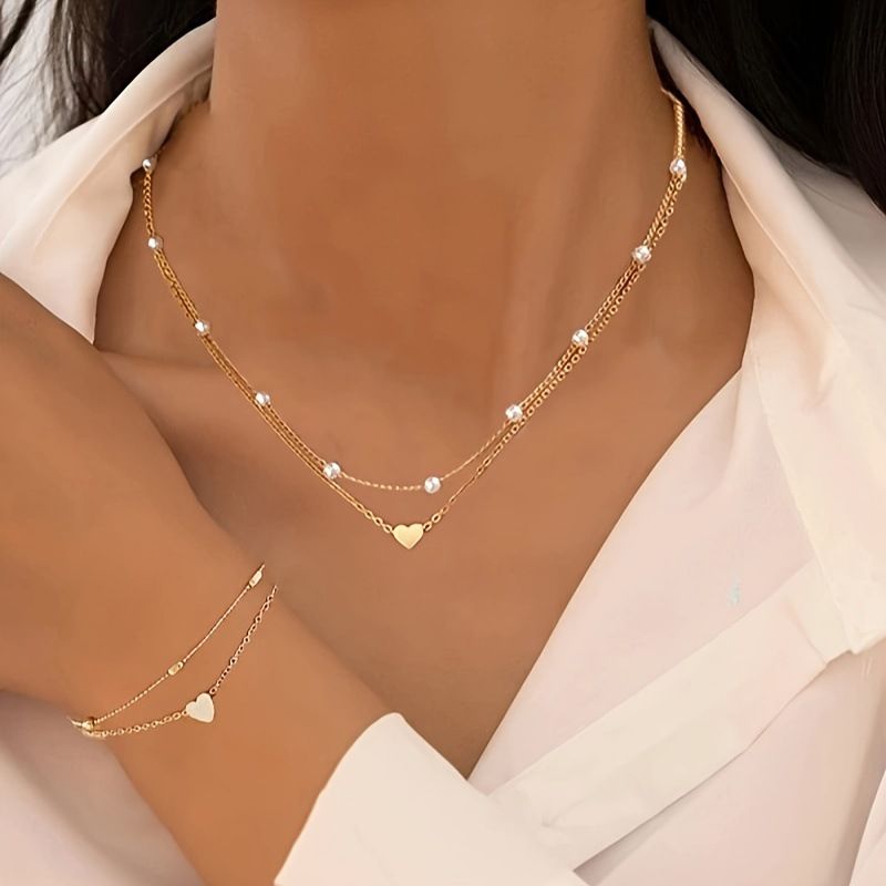 Gold Double-Layer Heart Charm Necklace and Bracelet Set – Women’s Layered Jewelry Set - Image 1
