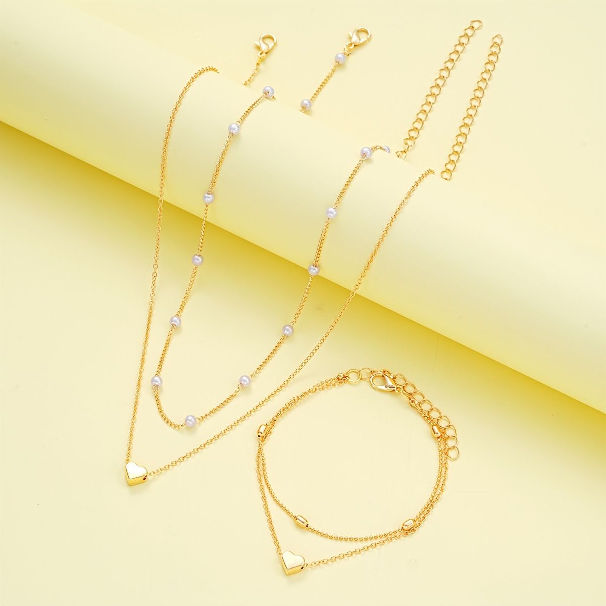 Gold Double-Layer Heart Charm Necklace and Bracelet Set – Women’s Layered Jewelry Set - Image 3