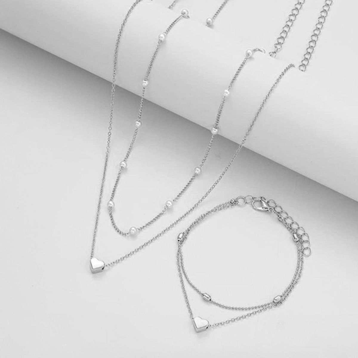 Silver Double-Layer Heart Charm Necklace and Bracelet Set – Women’s Layered Jewelry Set - Image 1