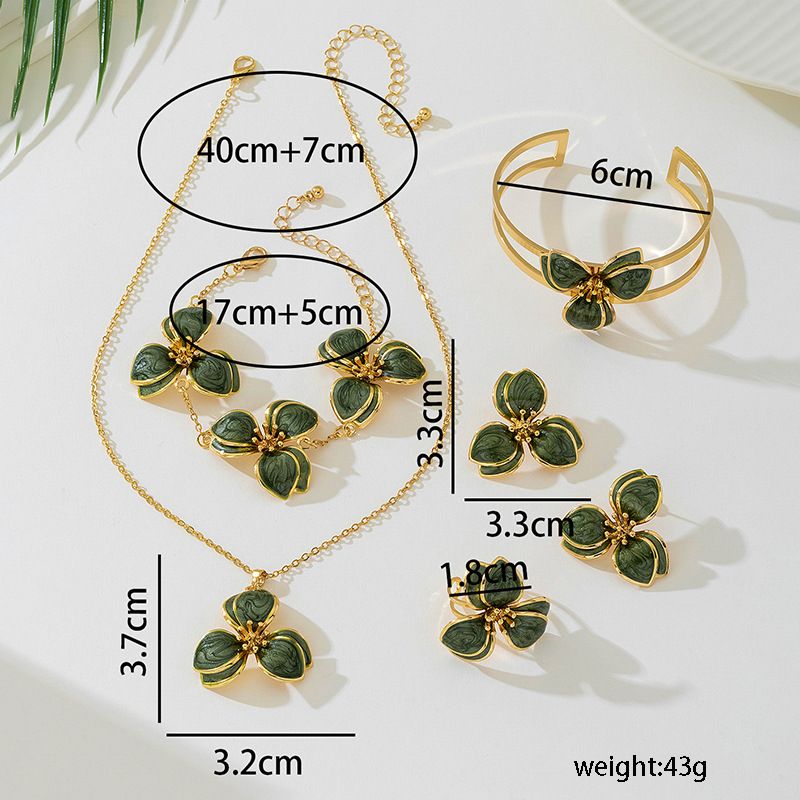 Green Floral Enamel Jewelry Set – Five-Piece Alloy Accessory Collection with Minimalist Botanical Design - Image 4