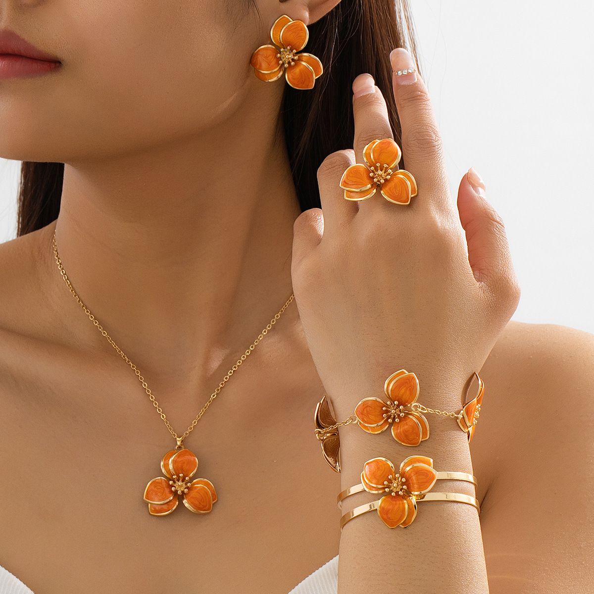 Orange Floral Enamel Jewelry Set – Five-Piece Alloy Accessory Collection with Minimalist Botanical Design - Image 1