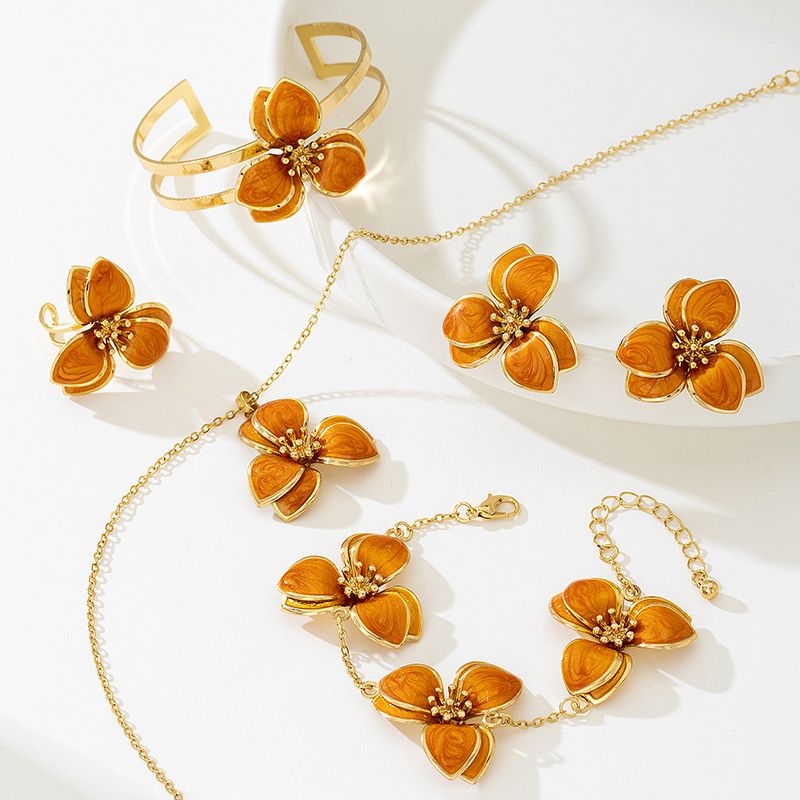 Orange Floral Enamel Jewelry Set – Five-Piece Alloy Accessory Collection with Minimalist Botanical Design - Image 2