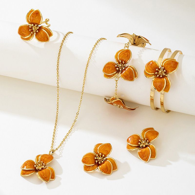 Orange Floral Enamel Jewelry Set – Five-Piece Alloy Accessory Collection with Minimalist Botanical Design - Image 3
