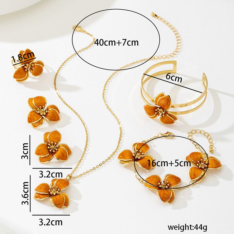 Orange Floral Enamel Jewelry Set – Five-Piece Alloy Accessory Collection with Minimalist Botanical Design - Image 4