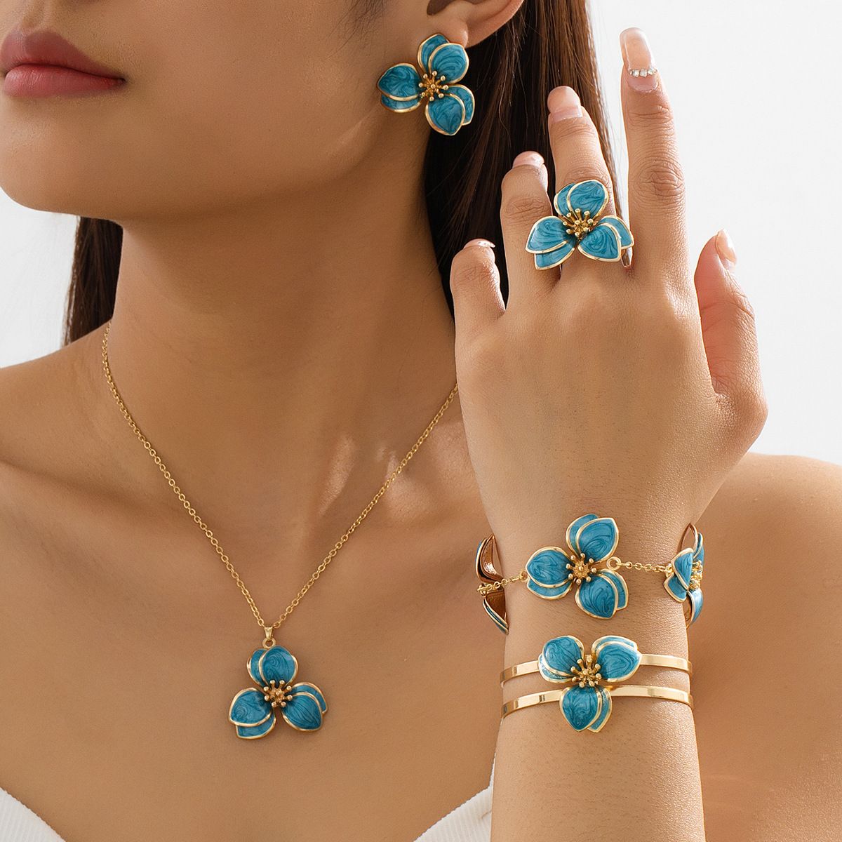 Blue Floral Enamel Jewelry Set – Five-Piece Alloy Accessory Collection with Minimalist Botanical Design - Image 1