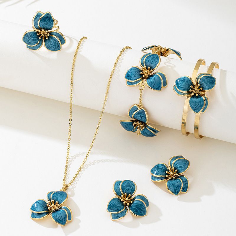 Blue Floral Enamel Jewelry Set – Five-Piece Alloy Accessory Collection with Minimalist Botanical Design - Image 2