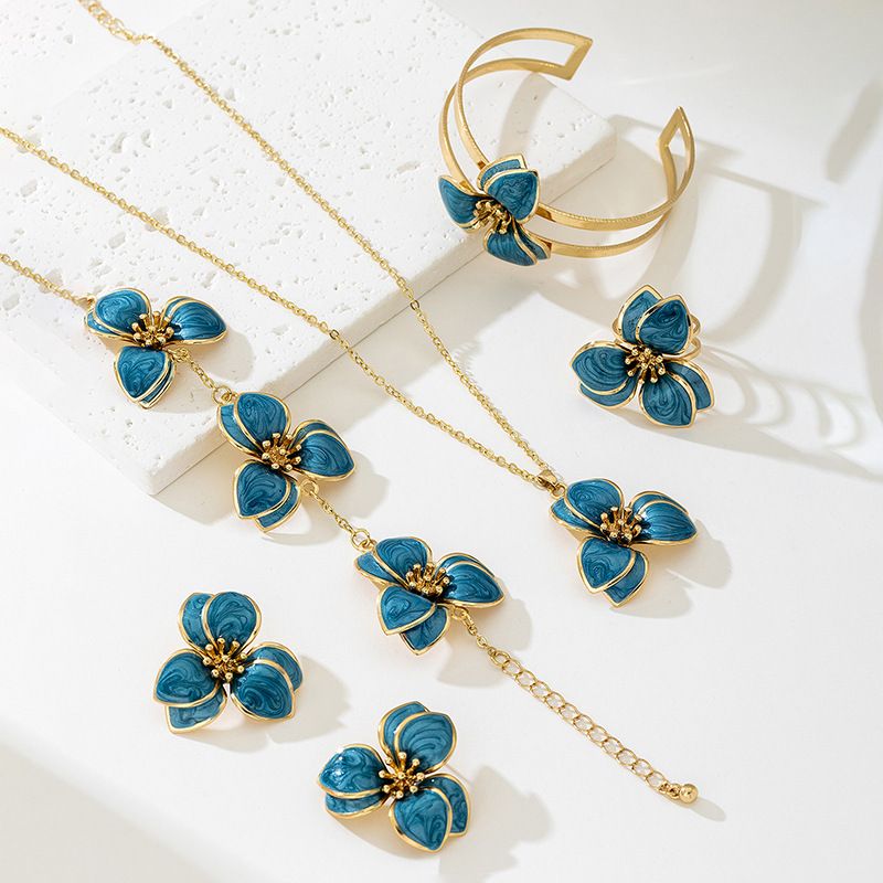 Blue Floral Enamel Jewelry Set – Five-Piece Alloy Accessory Collection with Minimalist Botanical Design - Image 3