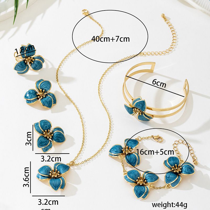 Blue Floral Enamel Jewelry Set – Five-Piece Alloy Accessory Collection with Minimalist Botanical Design - Image 4