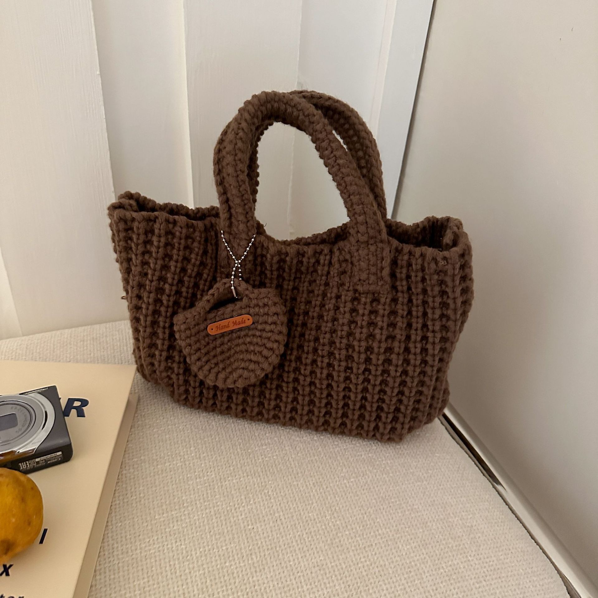 Brown Handcrafted Crochet Tote Bag – Vintage-Style Woven Cotton-Yarn Look Bag - Image 1