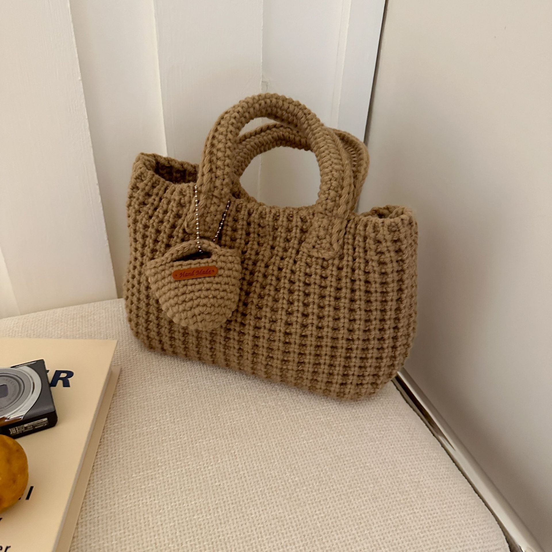 Khaki Handcrafted Crochet Tote Bag – Vintage-Style Woven Cotton-Yarn Look Bag - Image 1