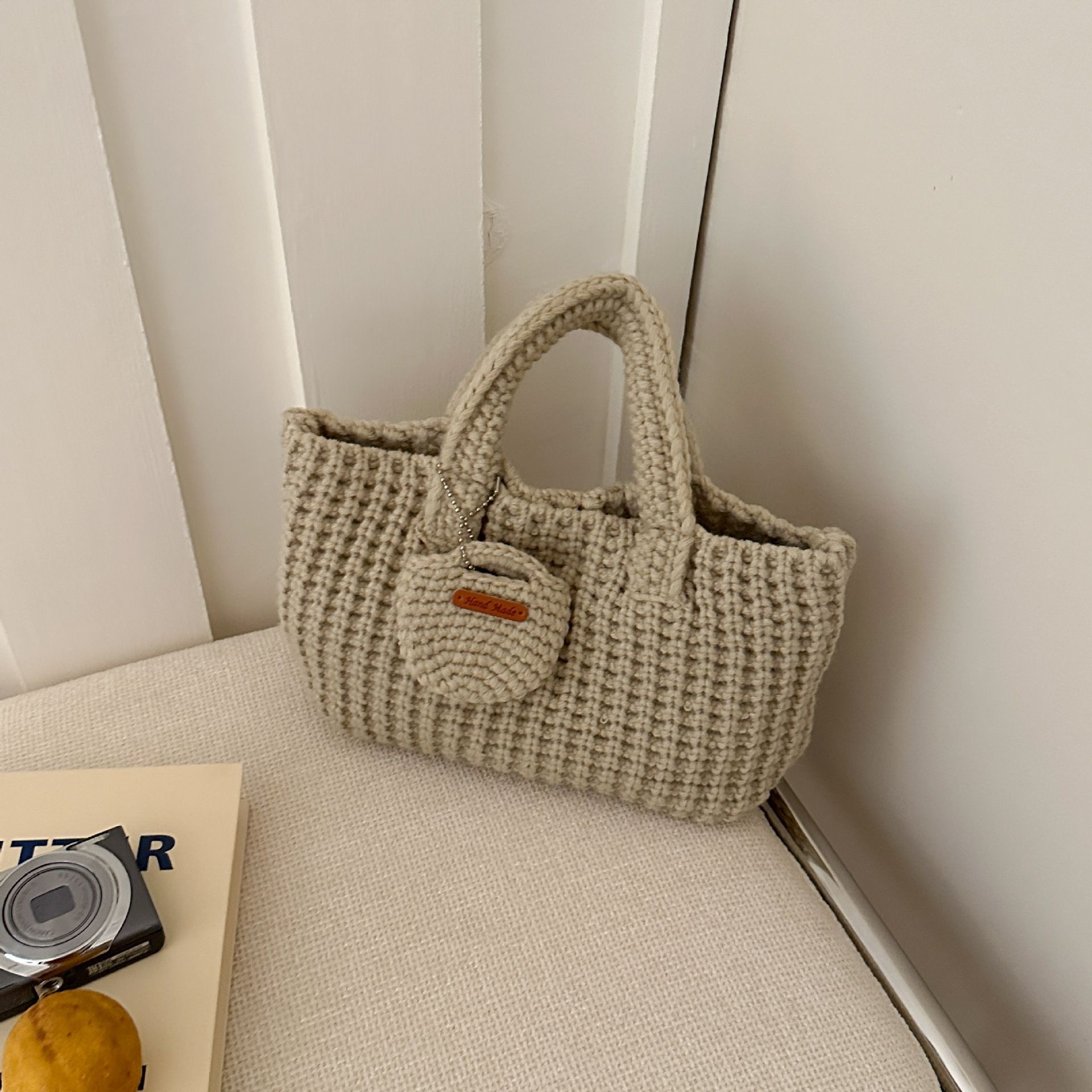 Beige Handcrafted Crochet Tote Bag – Vintage-Style Woven Cotton-Yarn Look Bag - Image 1