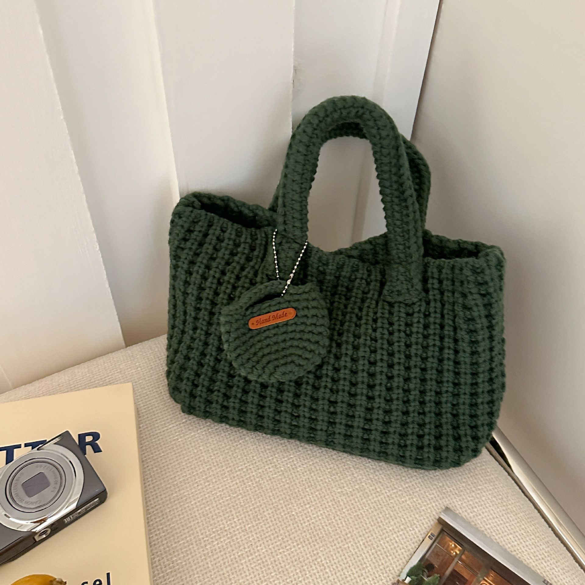 Dark Green Handcrafted Crochet Tote Bag – Vintage-Style Woven Cotton-Yarn Look Bag - Image 1