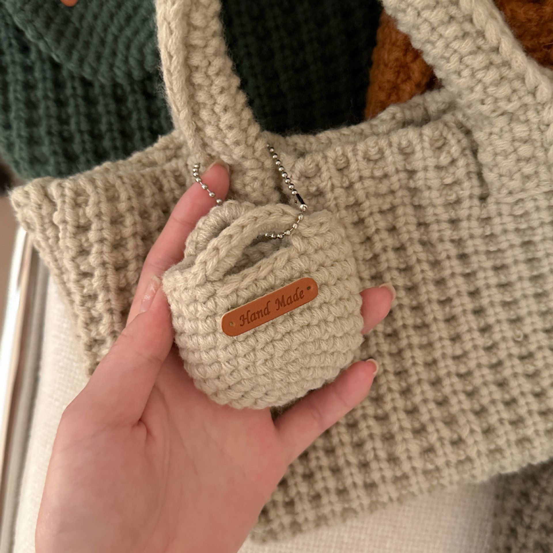 Light Green Handcrafted Crochet Tote Bag – Vintage-Style Woven Cotton-Yarn Look Bag - Image 4