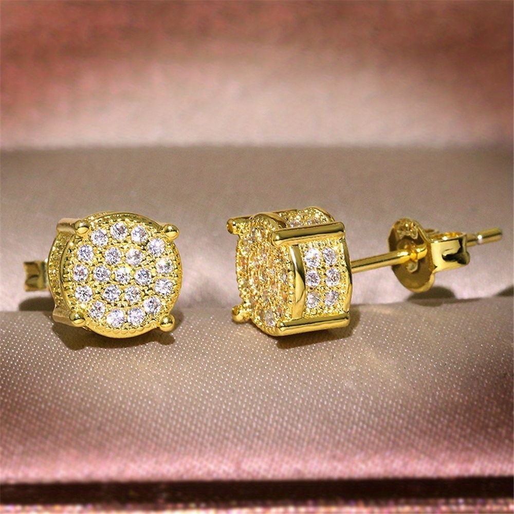Gold Unisex Round Crystal Stud Earrings – Full-Pave Micro-Set Alloy Ear Jewelry - Image 1