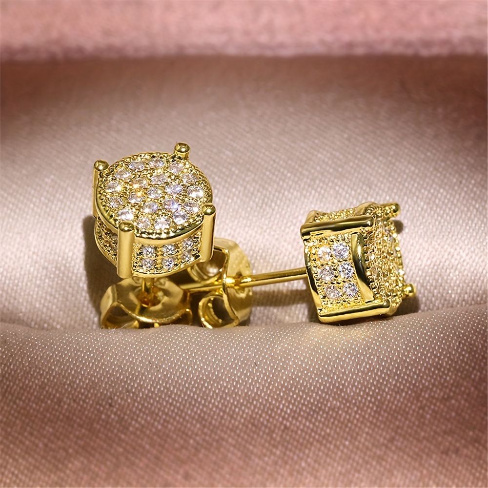 Gold Unisex Round Crystal Stud Earrings – Full-Pave Micro-Set Alloy Ear Jewelry - Image 2