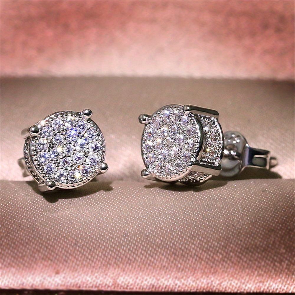 Silver Unisex Round Crystal Stud Earrings – Full-Pave Micro-Set Alloy Ear Jewelry - Image 1