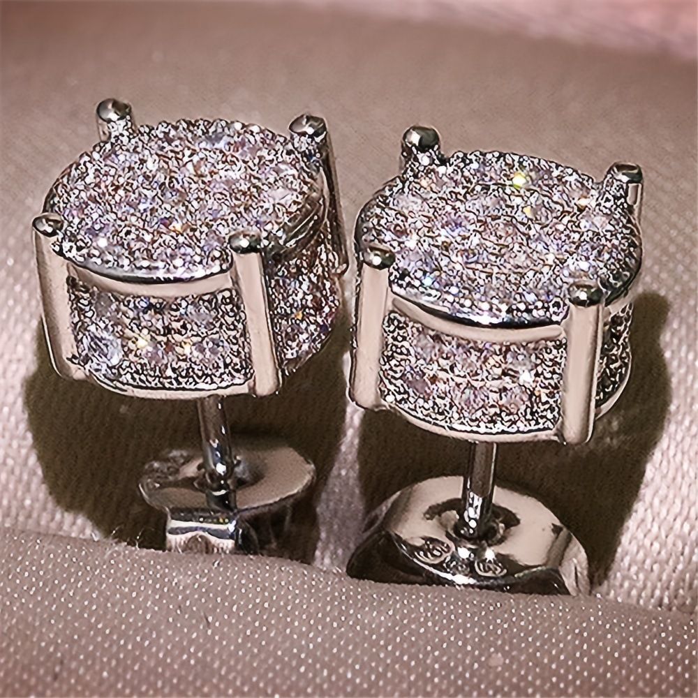 Silver Unisex Round Crystal Stud Earrings – Full-Pave Micro-Set Alloy Ear Jewelry - Image 2